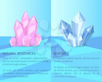 Natural resources and minerals, posters collection with headline and informational text sample, precious stones set, isolated on vector illustration