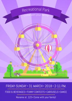 Recreational park, promo poster with headline and text sample, ferris wheel, seller in tent and man sitting on bench, air balloon vector illustration