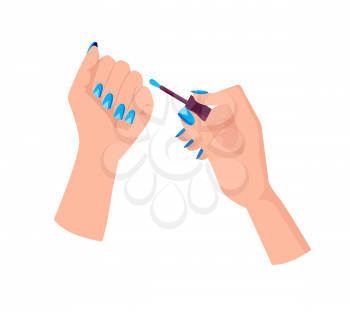 Light blue manicure with triangles on female hands that hold brush from nail polish isolated cartoon flat vector illustrations on white background.