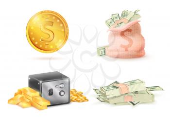 Golden coin with dollar sign, sack full of money, metal safe strongbox and bunch of paper banknotes isolated on white background. Currency symbols