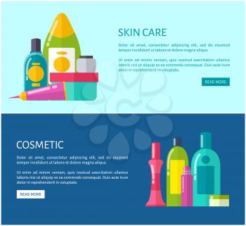 Skincare cosmetics of high quality online promotional pages templates with sample texts and plastic bottles full of products vector illustrations.