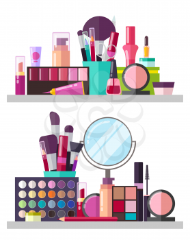 Make up big collection, posters with palette and eyeshadows, mirror and powders, lipsticks and mascara, items vector illustration isolated on white