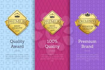 Quality award 100 premium brand guarantee certificates of best products with golden emblems and text isolated on color abstract backgrounds posters