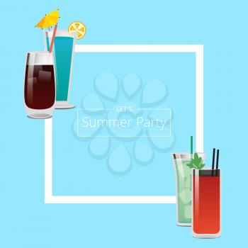 Summer party banner with four pretty cocktails, vector illustration with gin, bloody Mary and mojito isolated on bright blue background, white square