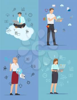 Set of color business banners vector illustration with men and women with various gadgets surrounded by icons of modern technologies isolated on blue