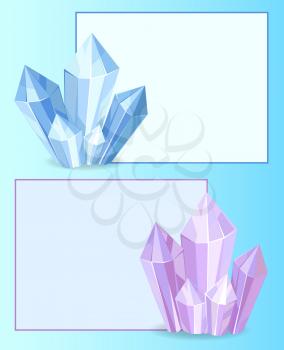 Blue and purple crystals gemstones, organic minerals with square frame border vector illustration set isolated on white background in flat style