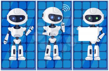 Three glossy white ai machines vector illustration with robots that are speaking and holding a paper, isolated on blue backdrop with lot of squares