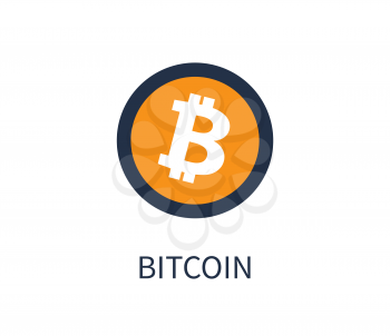 Bitcoin cryptocurrency, icon of popular coin system, logo consisting of letter of orange color, headline vector illustration isolated on white