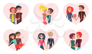 Couples in love and pastime, kissing people, man gifting flowers to his girlfriend, boyfriend holding his woman isolated on vector illustration