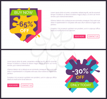 Buy now -65 off, -30 off only today, internet pages made up of informational text, buttons and headlines vector illustration isolated on white