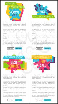 Set of price labels special promotion -80 off, best price and exclusive products, graphic sticker in sale concept vector web posters with buttons