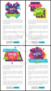 Best discount only today promotional Internet pages templates set with paint stains and sample text isolated vector illustrations collection