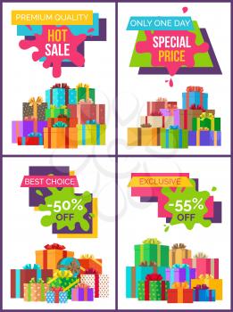 Premium quality hot sale set of four posters with discount clearance and festive gift boxes. Vector illustration with colorful signs on white