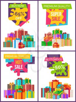 Hot sale for premium quality goods advertisement posters set with huge heaps of gift boxes with bows and ribbons vector illustrations set.