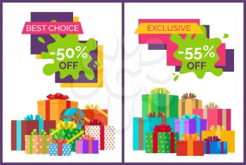 Best choice half price off discount on white background. Vector illustration with sale advertisement surrounded by presents in wrapping paper