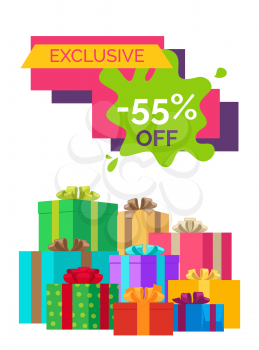 -55 off exclusive sale poster with discount value on colorful sticker on white background. Vector illustration decorated with festive gift boxes
