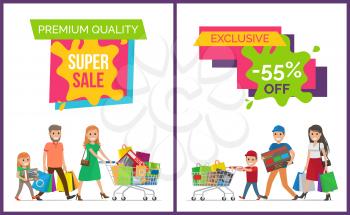 Premium quality super sale clearance on colorful signs with smiling people and shopping bags. Vector illustration contains special offer advert