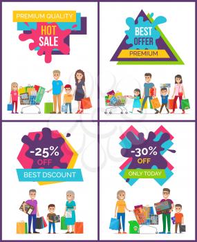 Best discount -25 off, hot sale, premium quality, collection of placards depicting shopping people spending their time shopping vector illustration