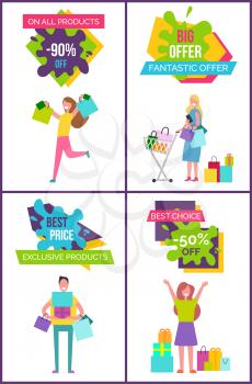 On all products -90 , big and fantastic offer, best price and exclusive, set of placards with images of shopping people o vector illustration