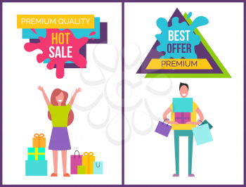 Premium quality hot sale and best offer, poster with geometric shapes and text, images of woman with bags and man with presents vector illustration