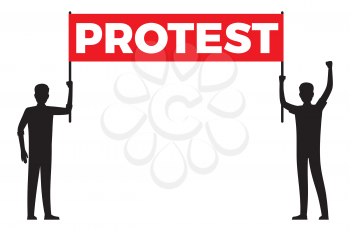 Protest streamer in hands of two men silhouettes isolated on white background. Person with raised hand and one that stands still vector illustration.