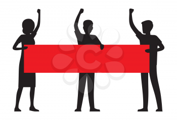 Protest streamer in hands of two men silhouettes and woman isolated on white background. Person with raised hand vector illustration.