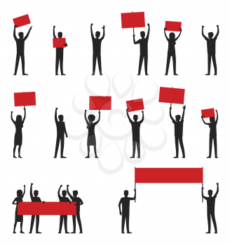 Cartoon adult people silhouettes with red streamers arrange protests isolated vector illustrations on white background.