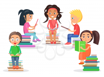 Group of reading kids siting on heap of literature and keeping colored open textbook on white background vector illustration