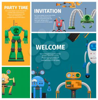 Invitation poster for party time with friendly mechanic robots. Welcome to unusual futuristic event vector illustration.