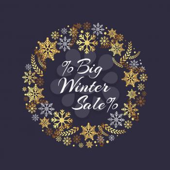 Big winter sale inscription in frame of snowflakes vector isolated on white. Stylish advertising poster with calligraphic text and decor elements