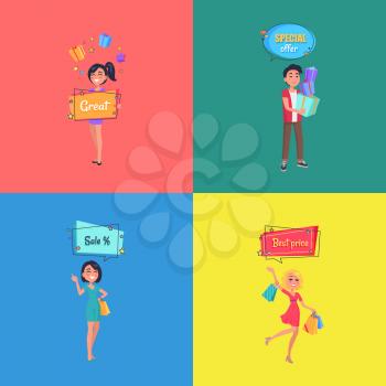 Set of posters with people making shopping and special offer boards above them. Man and woman with gift boxes, presents at best price vector illustrations