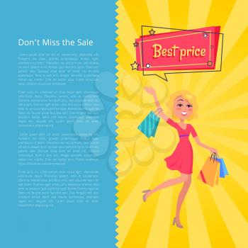 Don t miss the sale best prices poster with woman carrying shopping bags in hands, dressed in red gown, speech bubble above head vector illustration