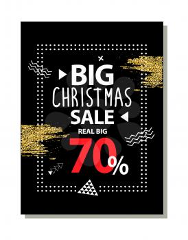 Real big Christmas sale advert poster on dark background. Vector illustration with special proposition clearance decorated with doodles and golden dust