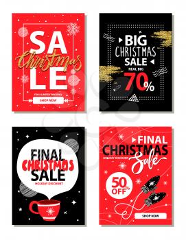 Really big Christmas sale, shop now for limited time only, banners with headlines, brushes and icon of cup and mittens isolated on vector illustration