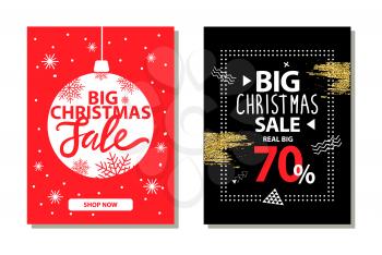 Big Christmas sale banners with decorative ball, button shop now vector illustration isolated on red and black backgrounds with xmas decorative elements