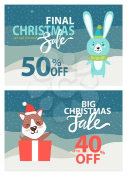 Final Christmas sale, up to 40 off, placards with snowflakes and rabbit in hat and scarf, puppy smiling and sitting in red box vector illustration