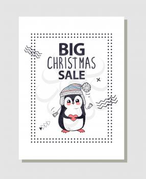 Big Christmas sale promotion poster with cute penguin dressed in knitted hat. Vector illustration with discount clearance and funny animal holding red heart