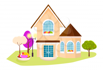 New beautiful house with green garden on white background vector illustration. Large springline window, brown gable and gazebo roofs, two white pillars are at door. Building for big family.