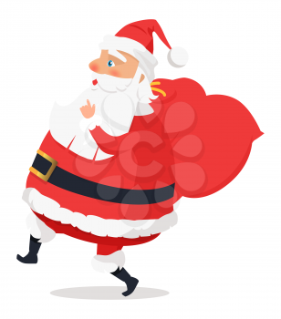 Isolated side view Santa Claus on white background. Vector illustration of moving man in age worn in red warm coat trousers, soft hat, black boots wide belt. Big sack with presents hangs on shoulder