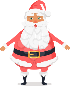 Standing Santa Claus front view on white. Element of Christmas decor for shops. Vector illustration of old man with long beard worn in pink warm coat trousers, soft hat, black boots and belt