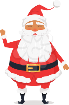 Waving happy Santa Claus on white background. Vector illustration of man in age worn in red warm coat trousers, soft hat, black boots and wide belt. Element of Christmas decor for big supermarkets.