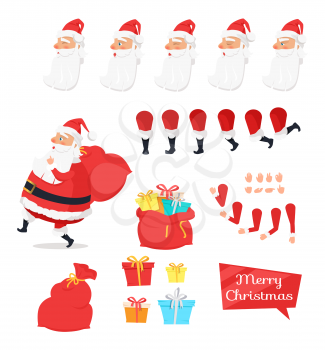 Merry Christmas set of Santa Claus parts create your own character. Man with present has various emotions on face. Bended hands, legs near white beard. Boxes with presents. Side view vector