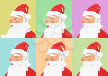 Set of different emotions from Santa Claus on color background. Vector illustration of normal cool funny expression and angry surprised profile faces. Expressing moods through nonverbal communication