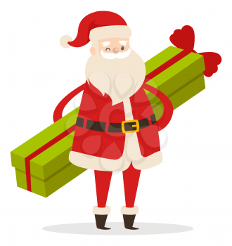Standing Santa with long green present with red ribbon on white background. He wears red warm coat, trousers, hat and gloves, black boots and wide belt. Man with long white beard vector illustration