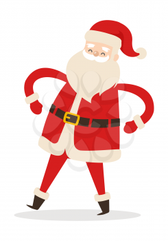 Santa Claus with arms akimbo isolated on white. Father Christmas decorative statue in cartoon design. Funny magic character in flat. Saint Nick vector illustration in winter holiday concept.