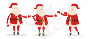 Set of isolated Santa Clauses showing the way. Statues of Father Frost pointing on right direction. Santa stretches one or two hands to demonstrate something. Vector illustration of decorative element