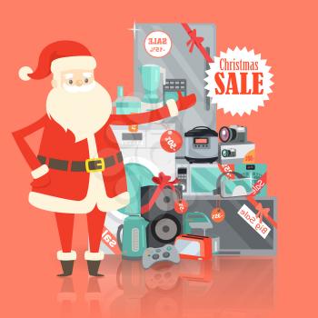 Christmas big sale from Santa Claus in storehouse. Selling electrical power and modern devices big refrigerator, modern new camera, joystick for playstation, nowaday microwave vector illustration
