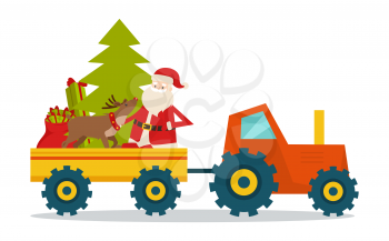Santa Claus on strong model of modern transport on white background. Vector illustration of carrying green fir tree, red big bag with presents for children, nice reindeer and old man in trailer.