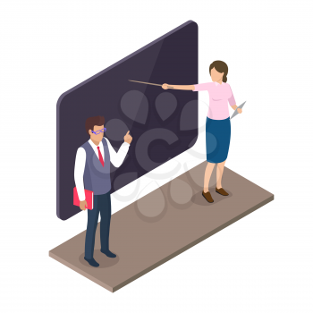 Teacher standing near blackboard with book and woman pointing on screen, lecture professor characters vector illustrations in isometric design