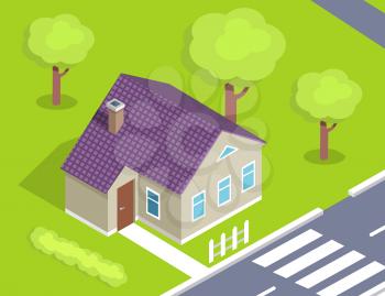 Modern house with door on left side situated near road with crosswalk, surrounded by green trees vector illustration in isometric design